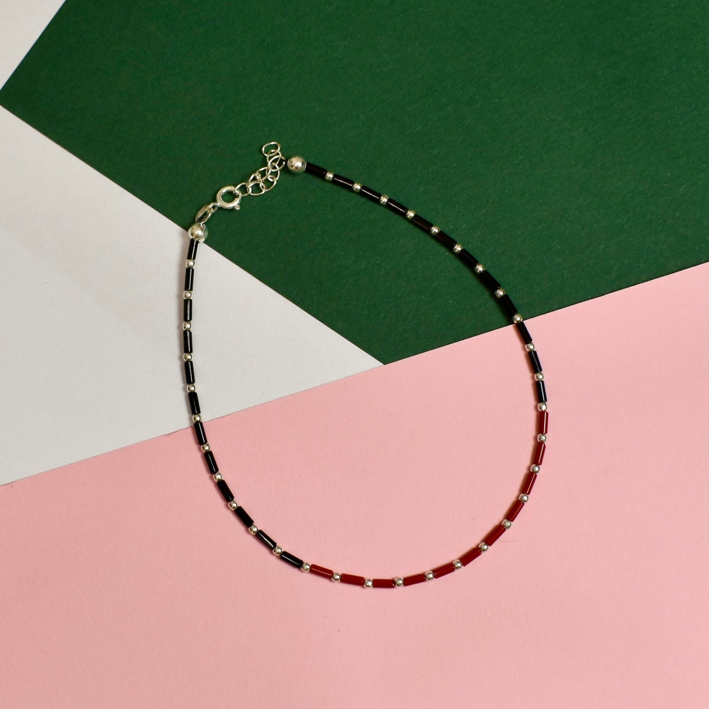 925 Silver Black and Red Beads Anklet