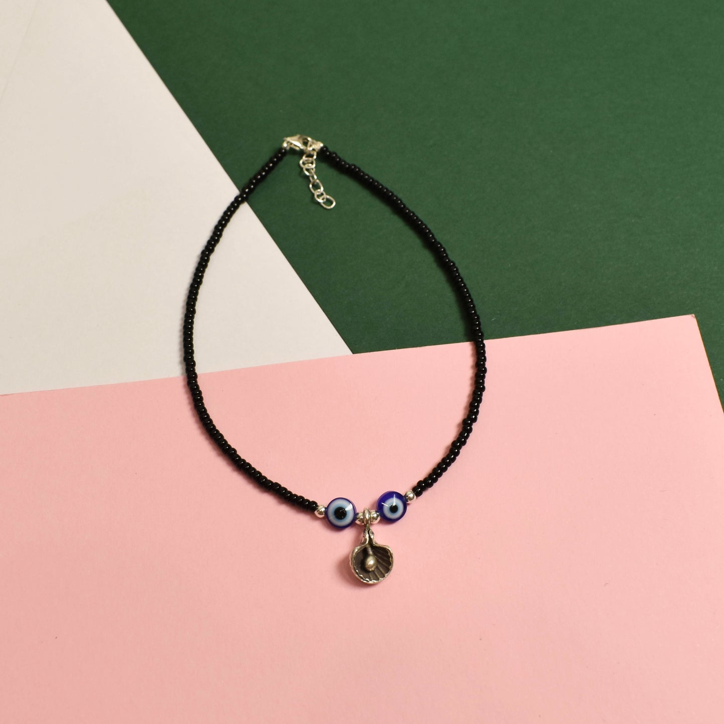 925 Silver Black Beads with Evil Eye and Charm Anklet