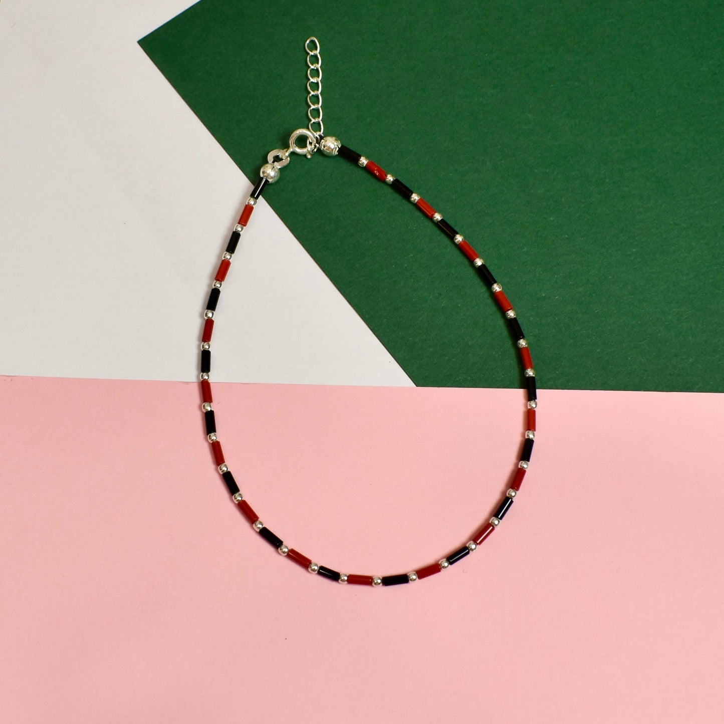 925 Silver Black and Red Beads Anklet
