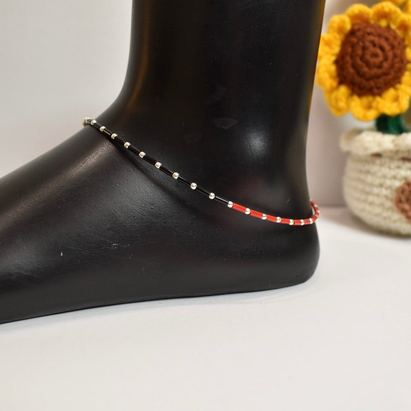 925 Silver Black and Red Beads Anklet