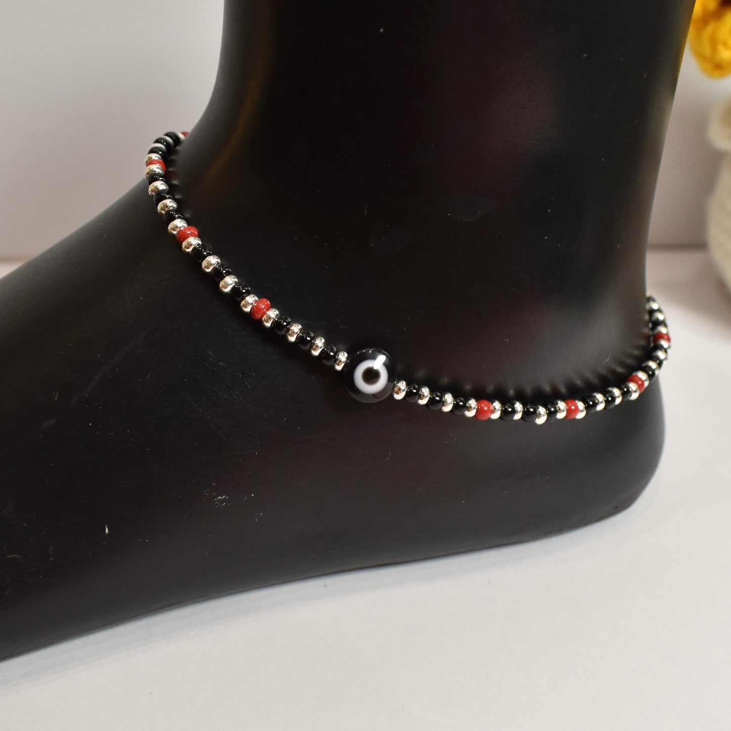 925 Silver Black and Red Beads with Evil Eye Anklet