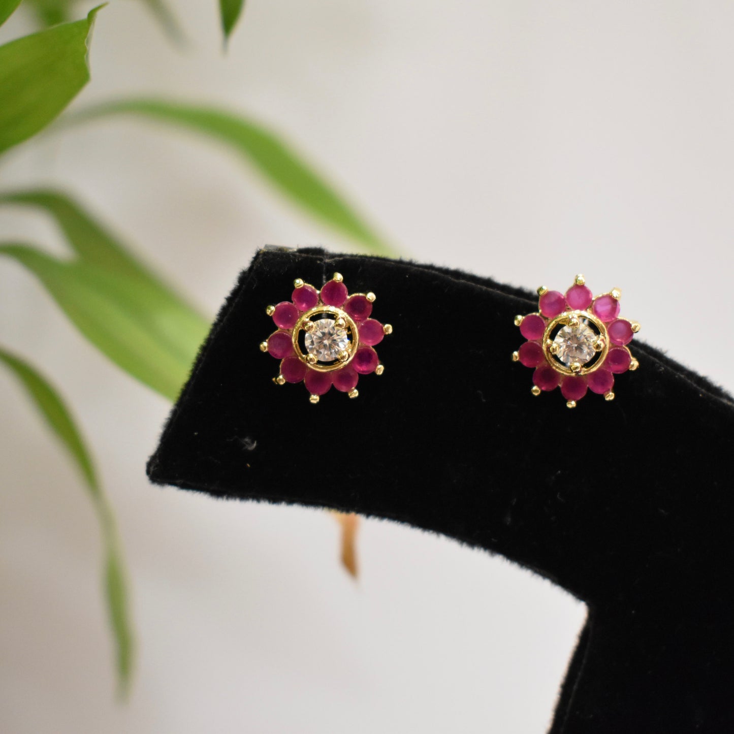 Elegant Pink Stone and Zircon Center Studs