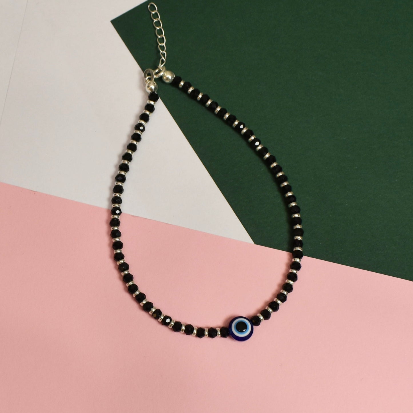 925 Silver Black Beads with Evil Eye Anklet
