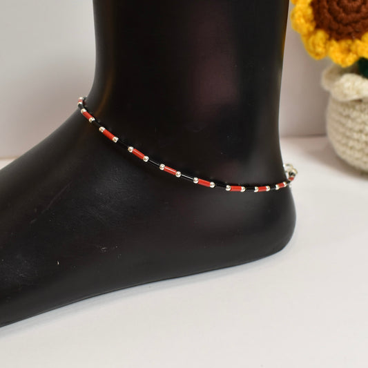 925 Silver Black and Red Beads Anklet