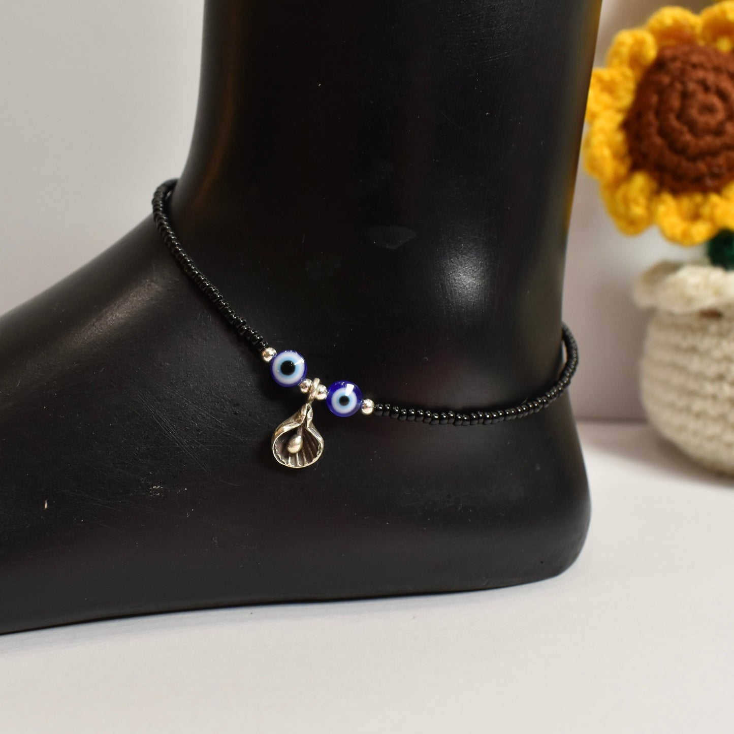 925 Silver Black Beads with Evil Eye and Charm Anklet