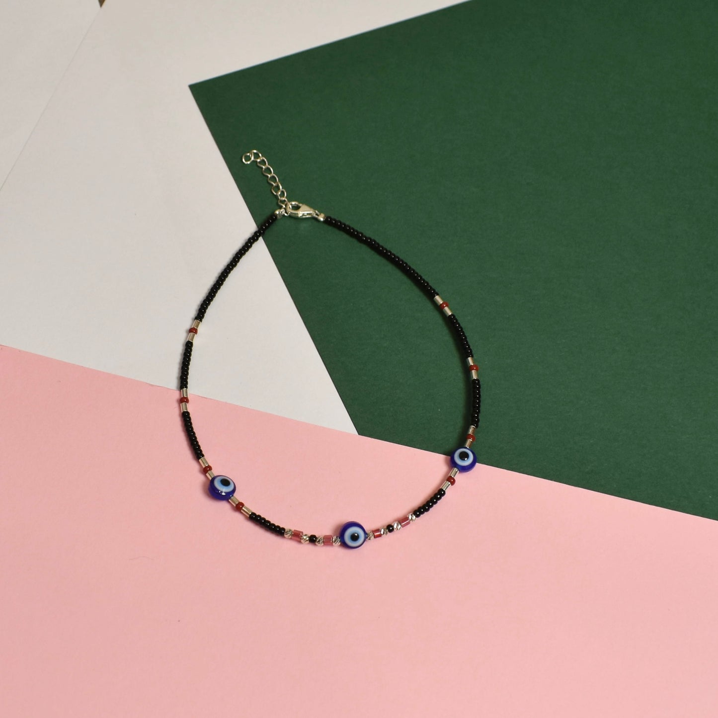 925 Silver Black Beads with 3 Evil Eye Anklet