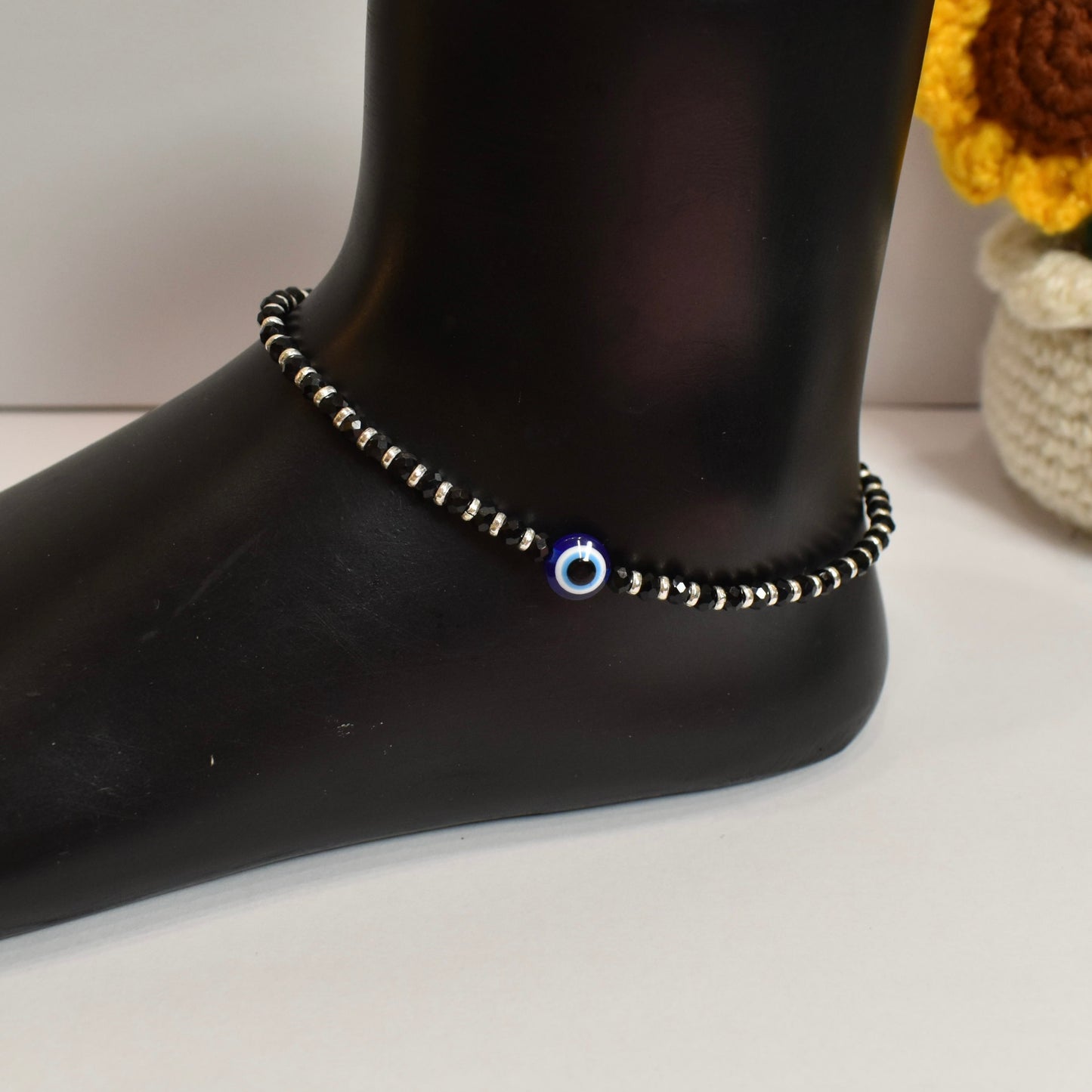 925 Silver Black Beads with Evil Eye Anklet