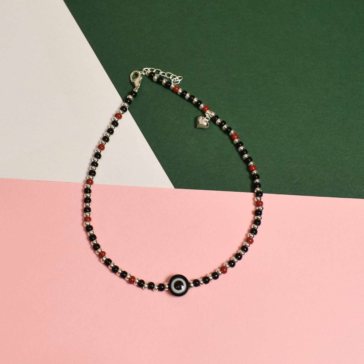 925 Silver Black and Red Beads with Evil Eye Anklet