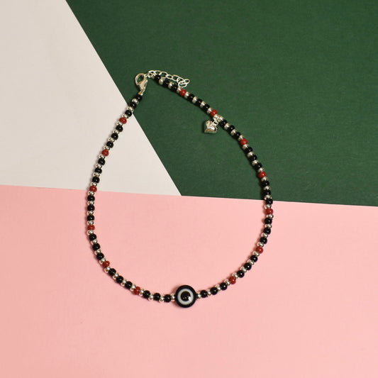 925 Silver Black and Red Beads with Evil Eye Anklet