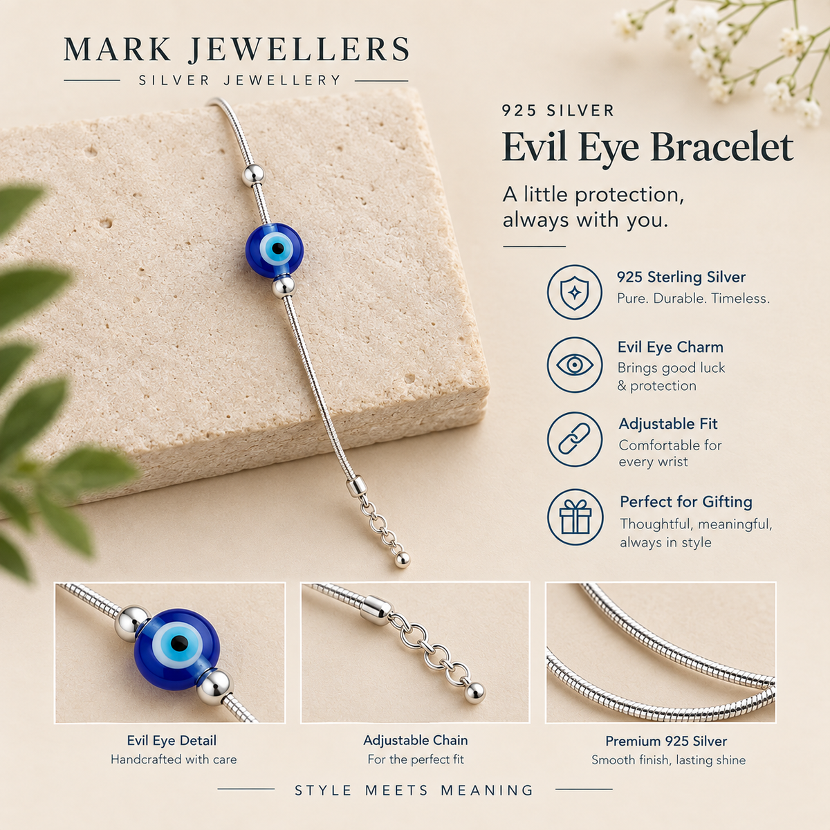 925 Silver Minimal Evil Eye Bracelet