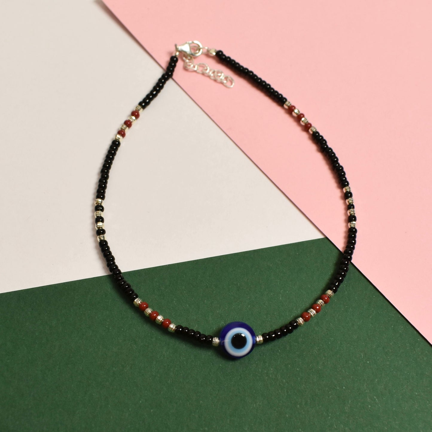 925 Silver Black Beads with Evil Eye Anklet