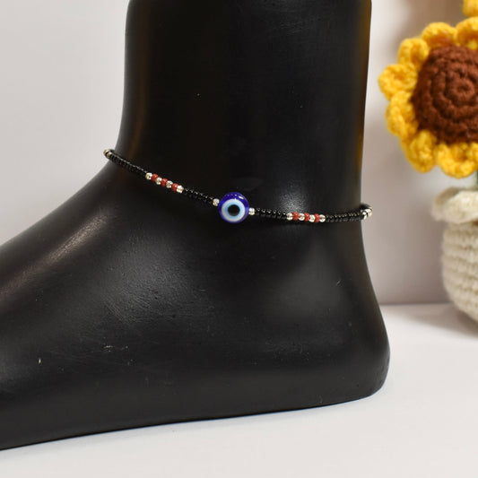 925 Silver Black Beads with Evil Eye Anklet