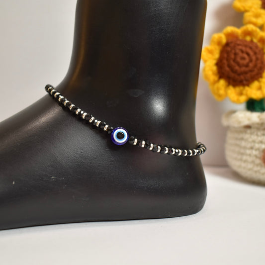 925 Silver Black Beads with Evil Eye Anklet