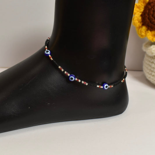 925 Silver Black Beads with 3 Evil Eye Anklet