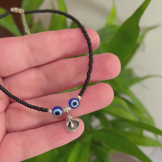 925 Silver Black Beads with Evil Eye and Charm Anklet